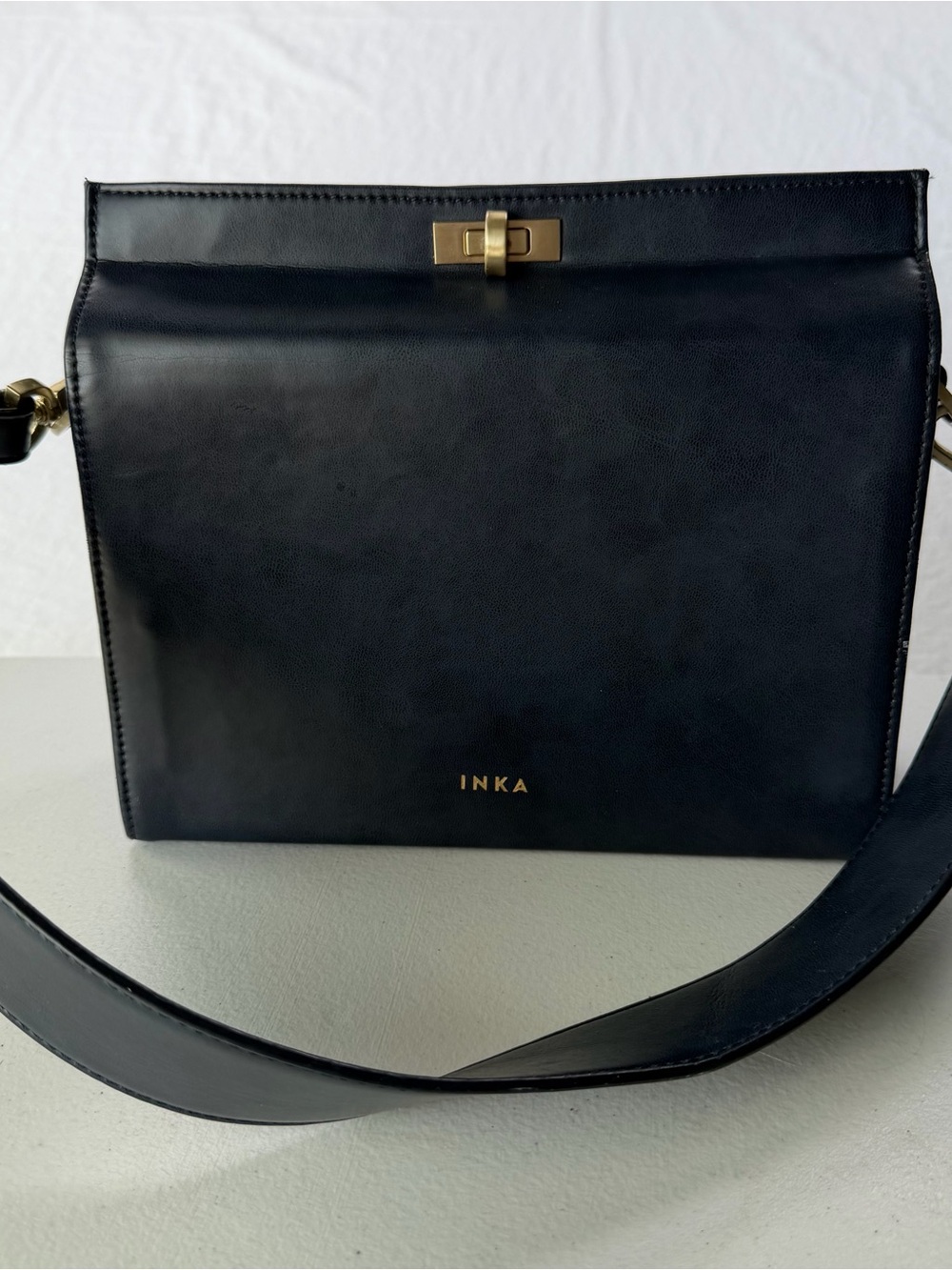 INKA Black Leather Structured Box Bag Gold Hardware Flap Shoulder